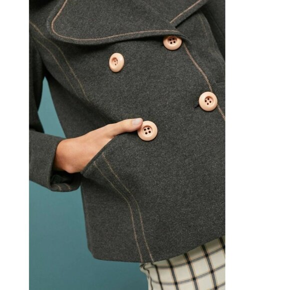 Anthropologie Jacket Peacoat Womens 2 Gray Cropped Blazer Contrast Trim Relaxed - Picture 11 of 13